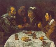 VELAZQUEZ, Diego Rodriguez de Silva y Peasants at the Table (El Almuerzo) r oil